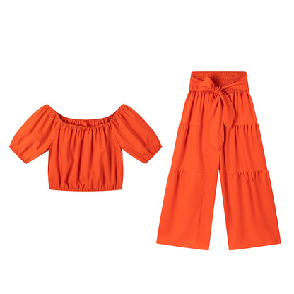 BundleWear™ Bohemian Breeze Set | Off-Shoulder Puff Sleeve Crop & Tiered Wide-Leg Pants