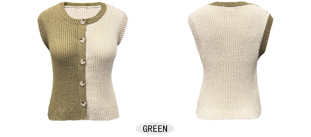 Two-Piece Contrast Knit Top & Denim Set - Sleeveless Button-Down Ribbed Vest with Wide-Leg High-Rise Jeans - BundleWear