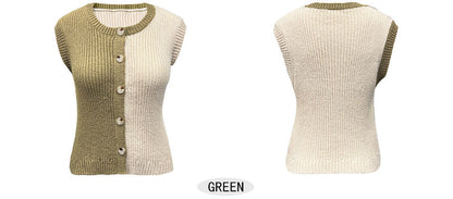 Two-Piece Contrast Knit Top & Denim Set - Sleeveless Button-Down Ribbed Vest with Wide-Leg High-Rise Jeans - BundleWear
