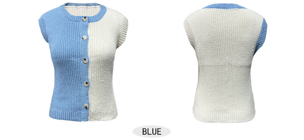 Two-Piece Contrast Knit Top & Denim Set - Sleeveless Button-Down Ribbed Vest with Wide-Leg High-Rise Jeans - BundleWear