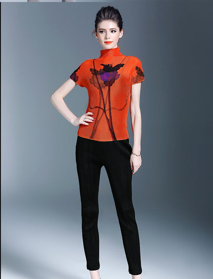 BundleWear™ Art-Print Pleated Tee | Micro-Pleated Mock Neck & Oil-Painting Floral Top