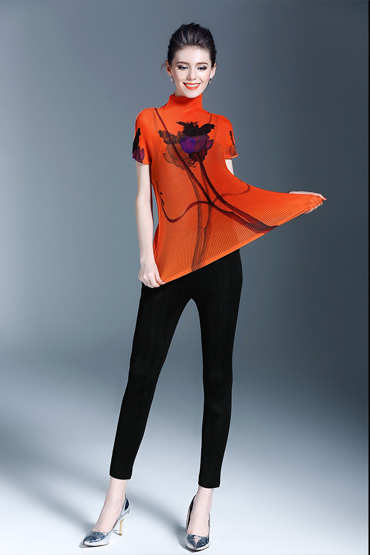BundleWear™ Art-Print Pleated Tee | Micro-Pleated Mock Neck & Oil-Painting Floral Top