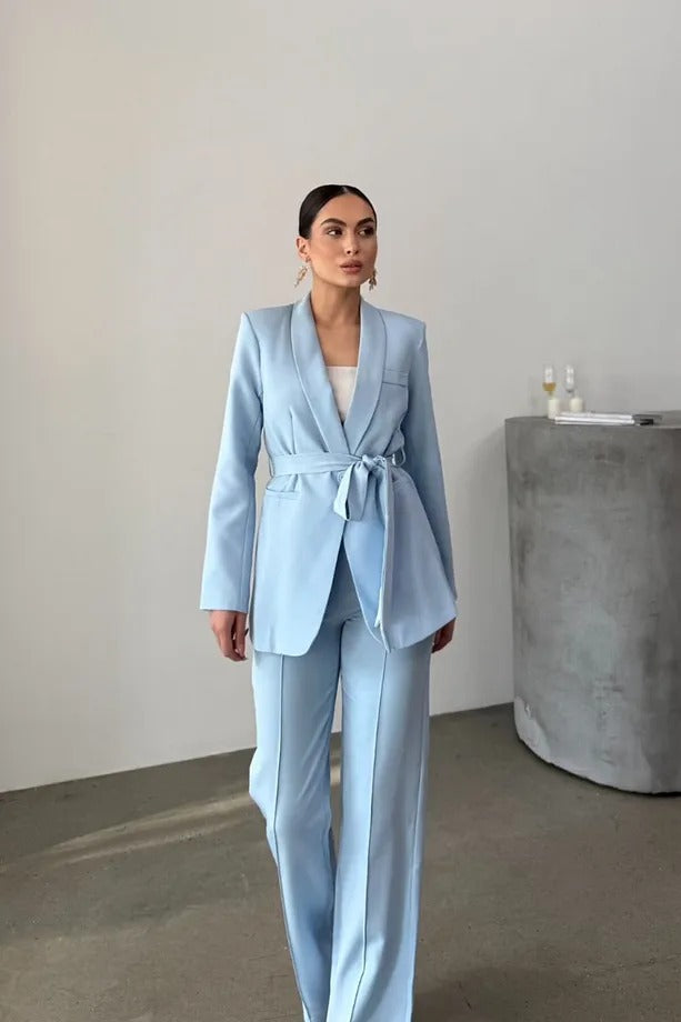 Ladies' Double Belted Blazer Jacket and Trouser Set