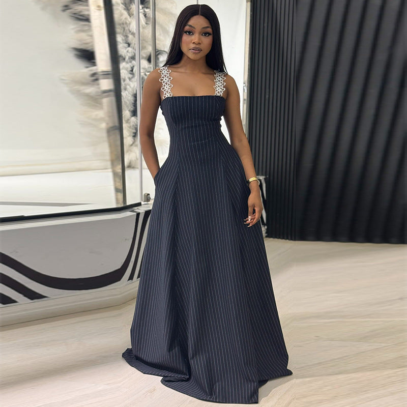 Chic Striped Lace-Trim Vacation Dress with Pockets - Sculpting Nautical Maxi Set Look - BundleWear