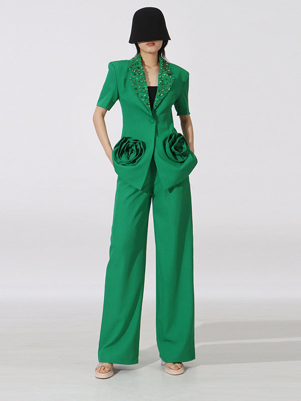 BundleWear™ Rosette Couture Suit | 3D Floral Patchwork & Rhinestone Wide-Leg Ensemble