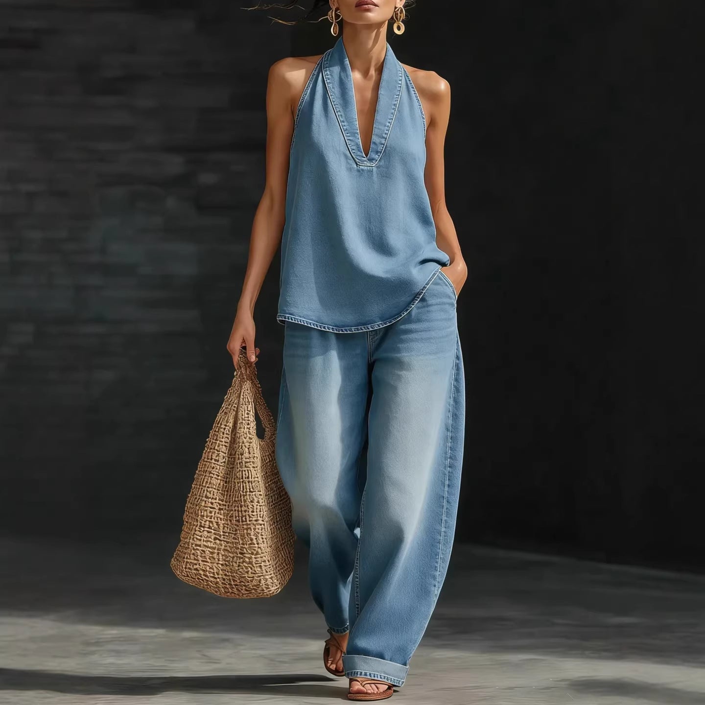 Collared button-down denim top and wide-leg jeans - MATCHING MASTER