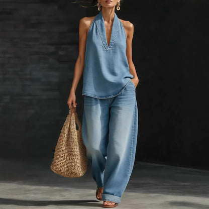 Collared button-down denim top and wide-leg jeans - MATCHING MASTER