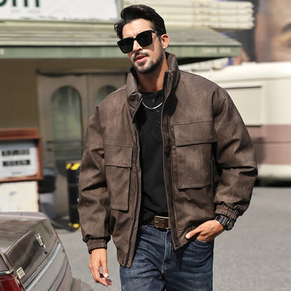 Men's Retro Stand Collar Leather Jacket