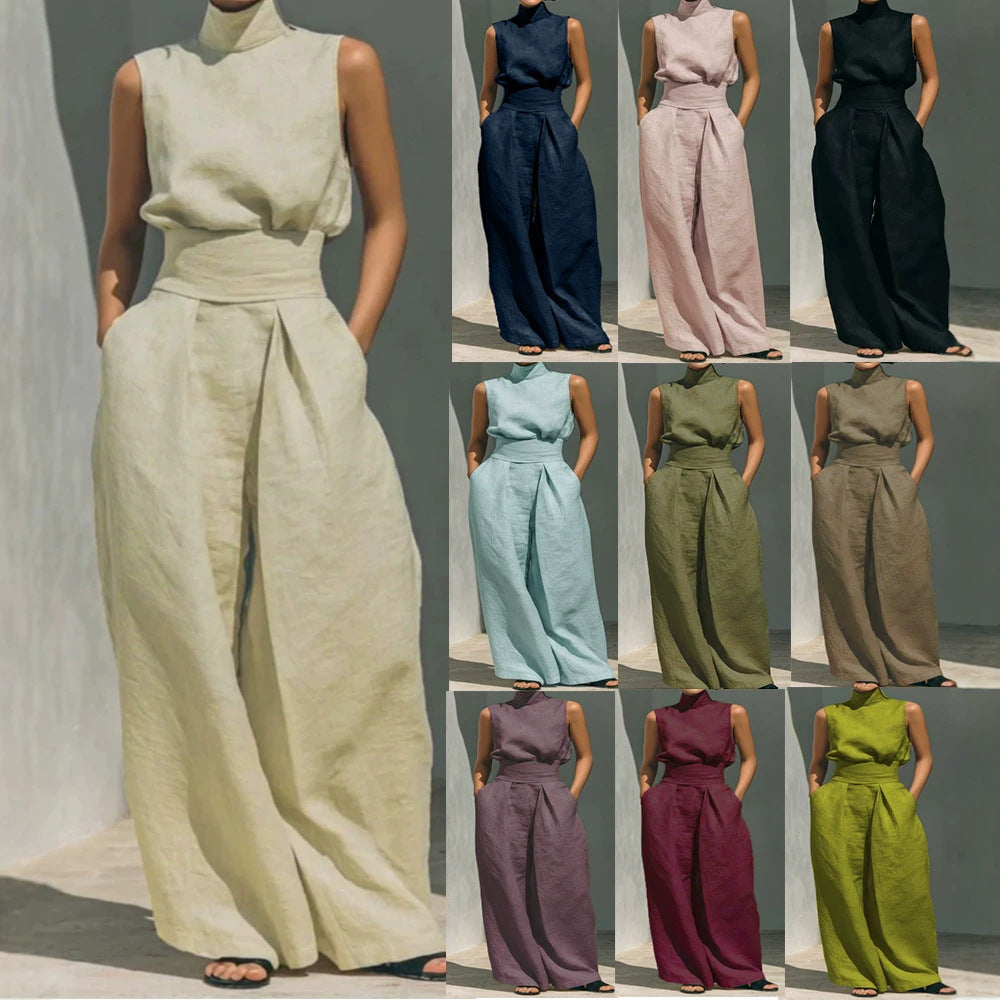 Cotton and linen sleeveless trouser casual suit
