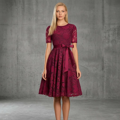 BundleWear™ Floral Lace Bow Dress | Elegant Fitted Cocktail & Wedding Guest Midi