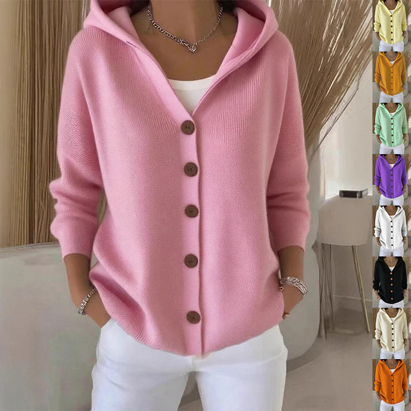 Button-down knit hooded sweater cardigan