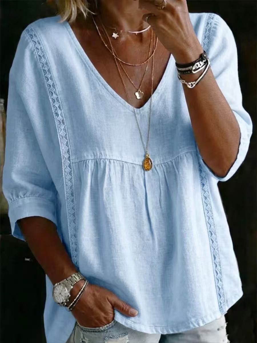 BundleWear™ Lace-Panel Linen Top | V-Neck 3/4 Sleeve Bohemian Pullover