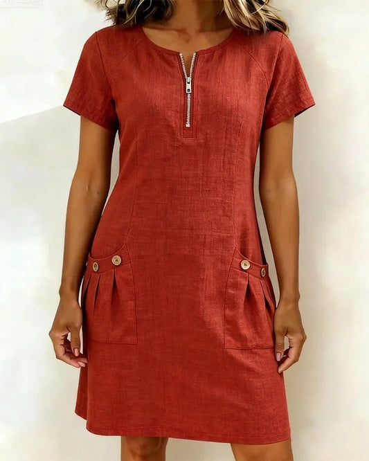 Zipper Pocket Cotton Linen Dress - MATCHING MASTER