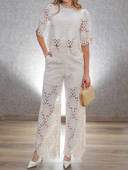 BundleWear™ Petal Lace Set | Embroidered Openwork Top & Wide-Leg Trousers