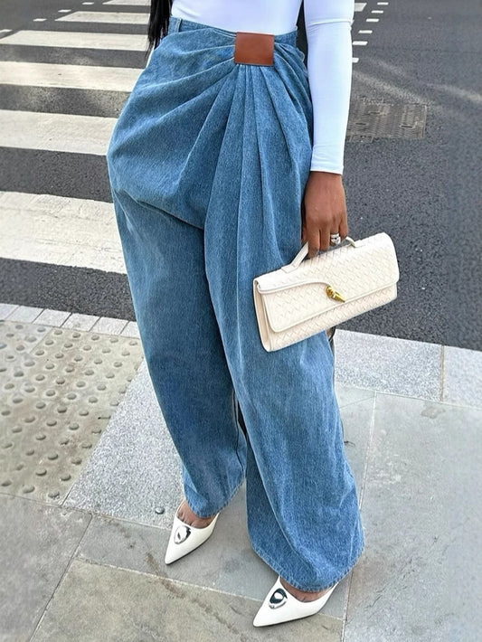 BundleWear™ Fluid Wrap Jeans | Asymmetric High-Waist Drapey Wide-Leg Denim
