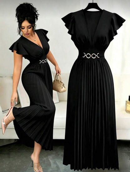 BundleWear™ Gilded Chain Pleated Maxi | Ruffled-Sleeve V-Neck Resort Dress