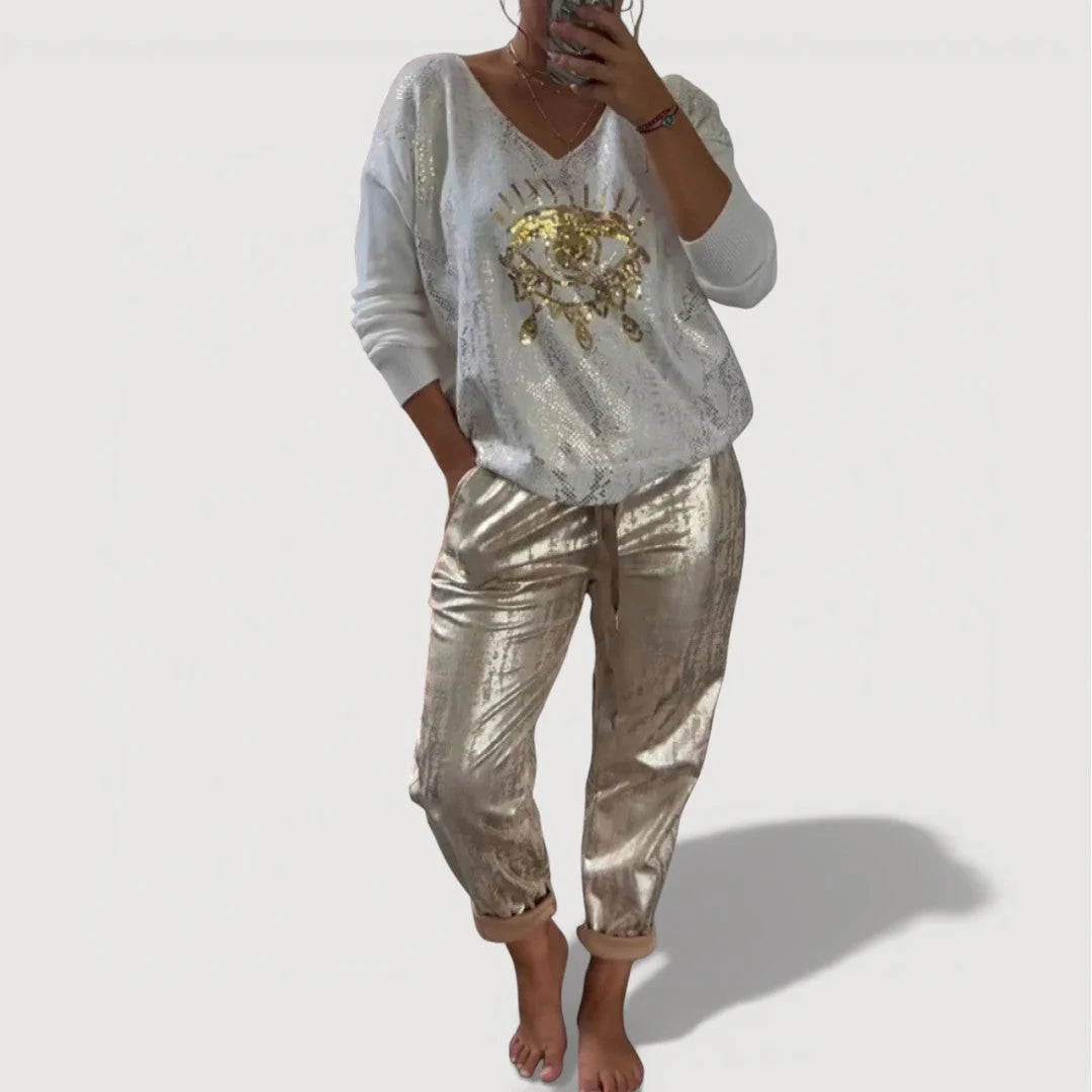 BundleWear™ Starlight Eye Set | Shimmering Graphic Sweater & Metallic Jogger Ensemble