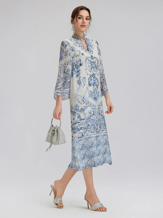 Silk Italian Floral Printed V-Neckline Dress