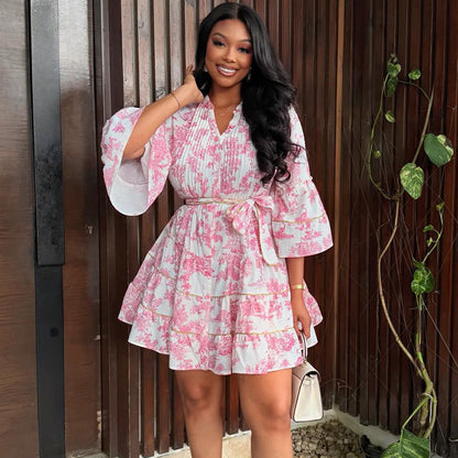 Chic Flare Sleeve Floral Summer Set Look - Sculpting V-Neck Boho Ruffle Mini Dress - BundleWear