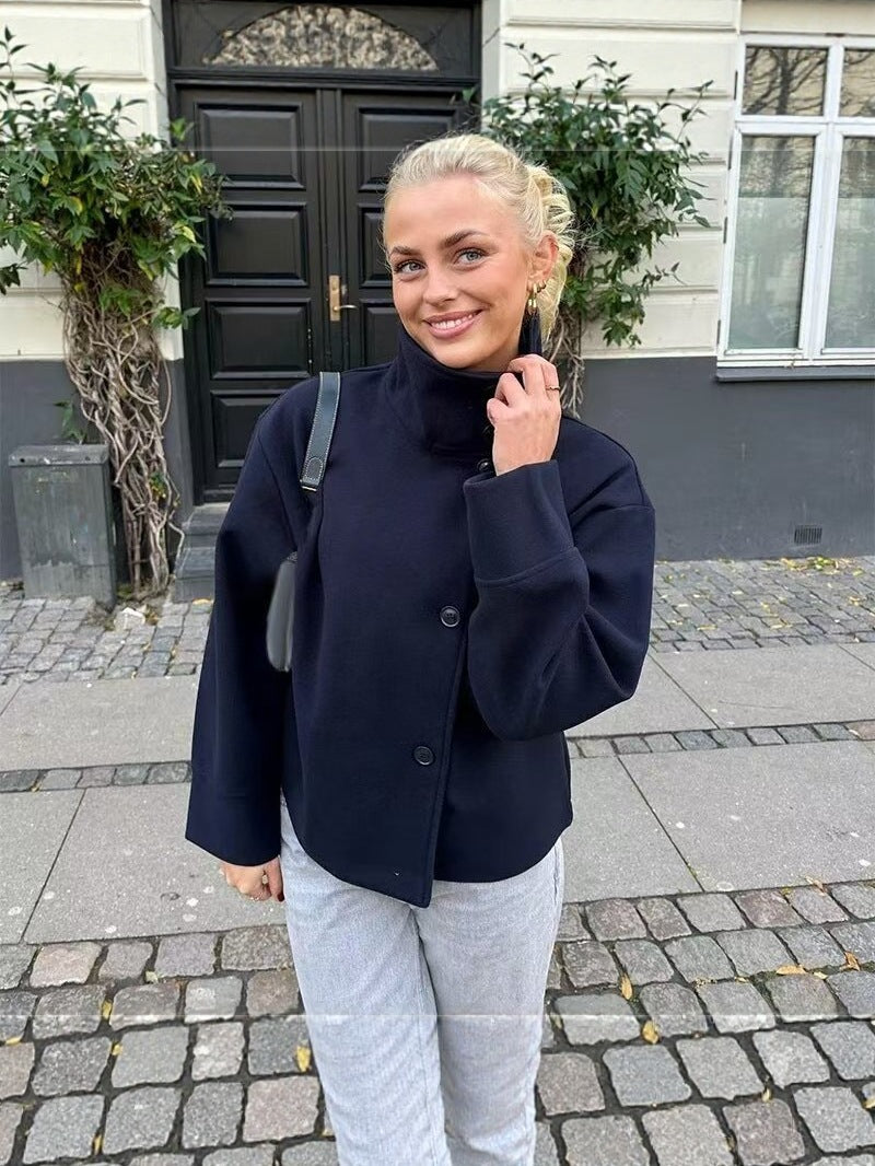 Elegant stand-collar single-breasted loose woolen coat - MATCHING MASTER