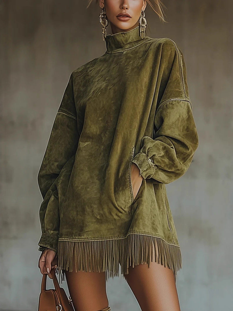 Oversized suede-effect dress with fringe