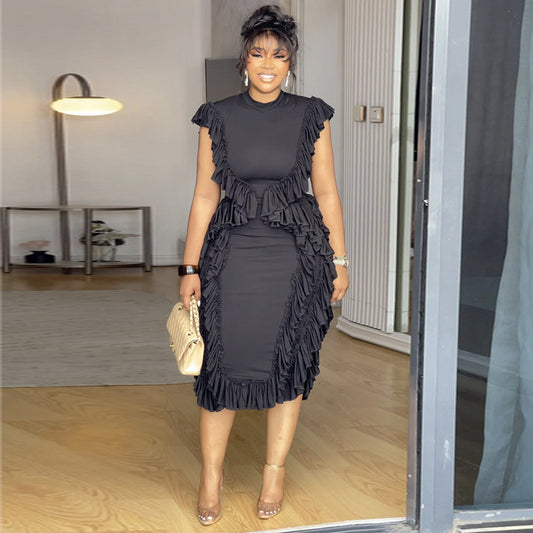 Ruffled waist-cinching solid color bodycon dress - MATCHING MASTER