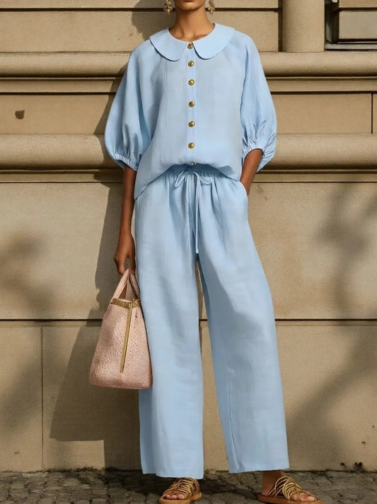 BundleWear™ Breezy Linen Co-ord | Relaxed Short-Sleeve Shirt & Palazzo Trousers Set