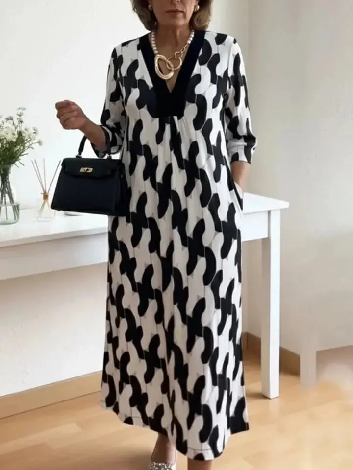 Elegant Art Print Color Block Trim V-neck Midi Dress - MATCHING MASTER