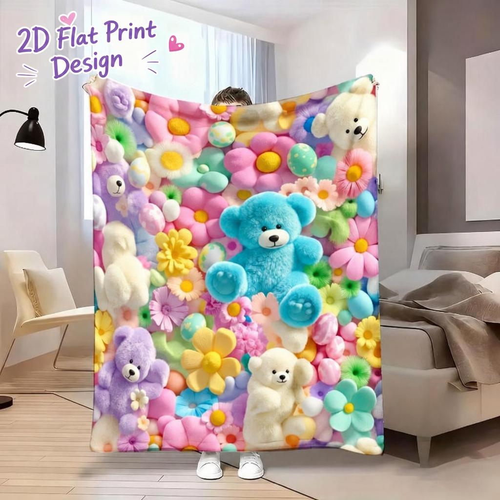 2D Teddy Pastel Floral Throw Blanket – Super Soft Kawaii