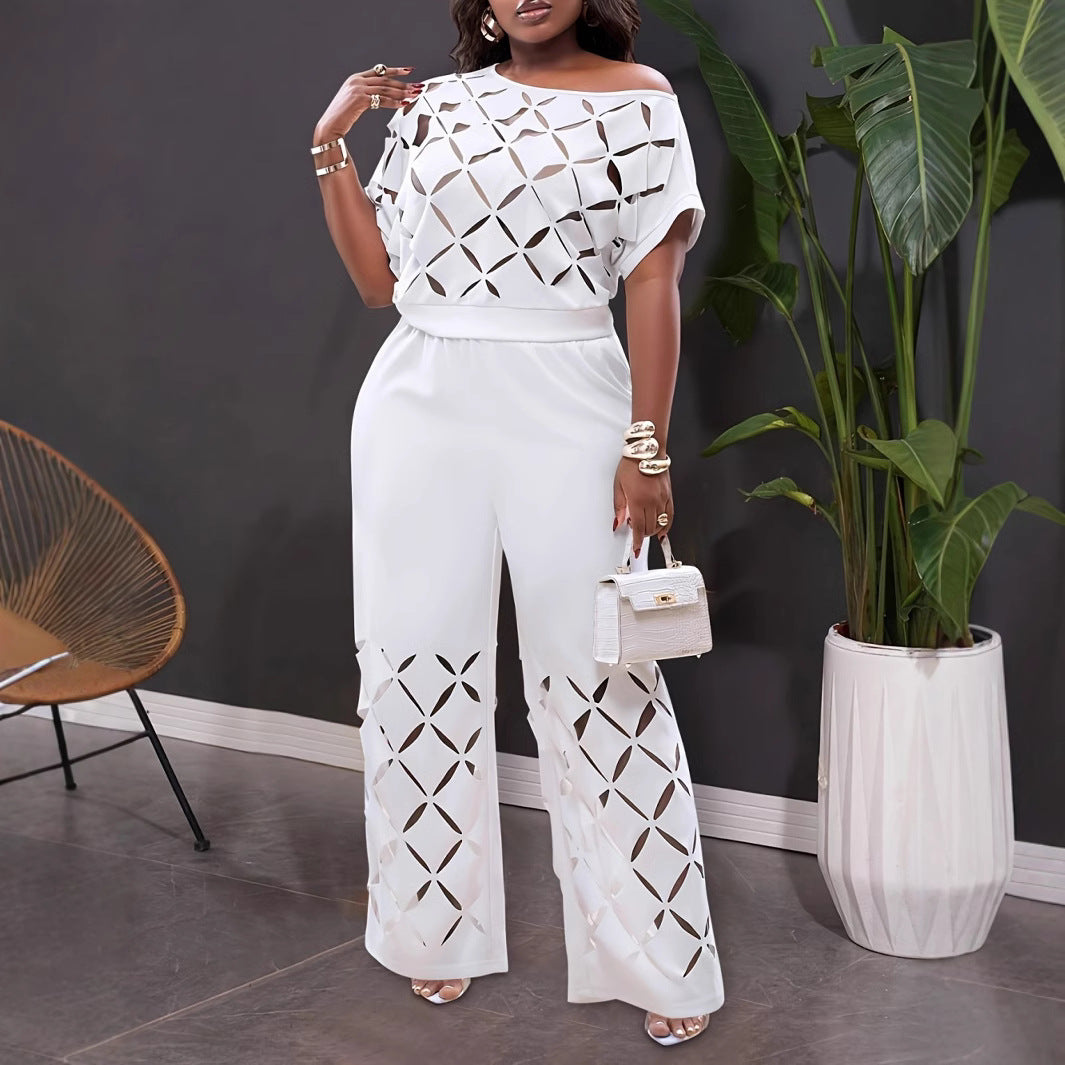BundleWear™ Diamond-Cutout Set | Embroidered Scoop-Neck Top & Wide-Leg Pants
