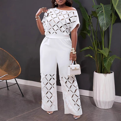 BundleWear™ Diamond-Cutout Set | Embroidered Scoop-Neck Top & Wide-Leg Pants