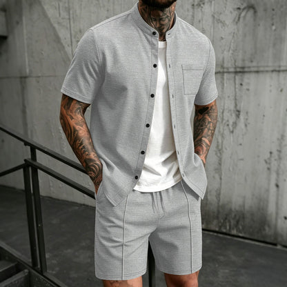 BundleWear™ Honeycomb Resort Set | Stand-Collar Waffle Shirt & Drawstring Shorts