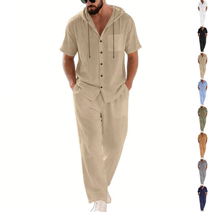 BundleWear™ Breeze-Hood Linen Set | Drawstring Hooded Shirt & Elastic-Waist Trousers