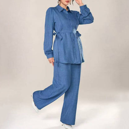 Puff-sleeved, fitted waist tie top + high-waisted wide-leg pants - MATCHING MASTER