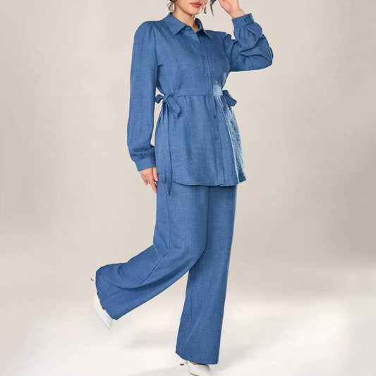 Puff-sleeved, fitted waist tie top + high-waisted wide-leg pants - MATCHING MASTER