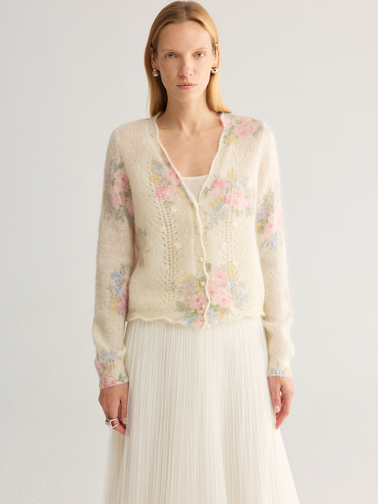 French Floral Mohair-Blend Cardigan — V-Neck Pointelle Knit, One Size