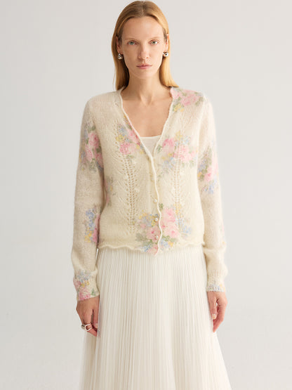 French Floral Mohair-Blend Cardigan — V-Neck Pointelle Knit, One Size