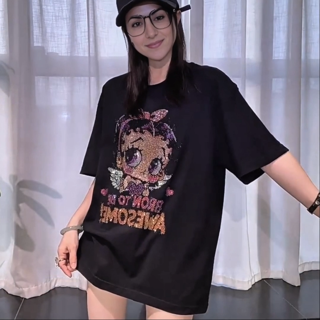 Letter Girl Rhinestone Loose T-shirt - MATCHING MASTER