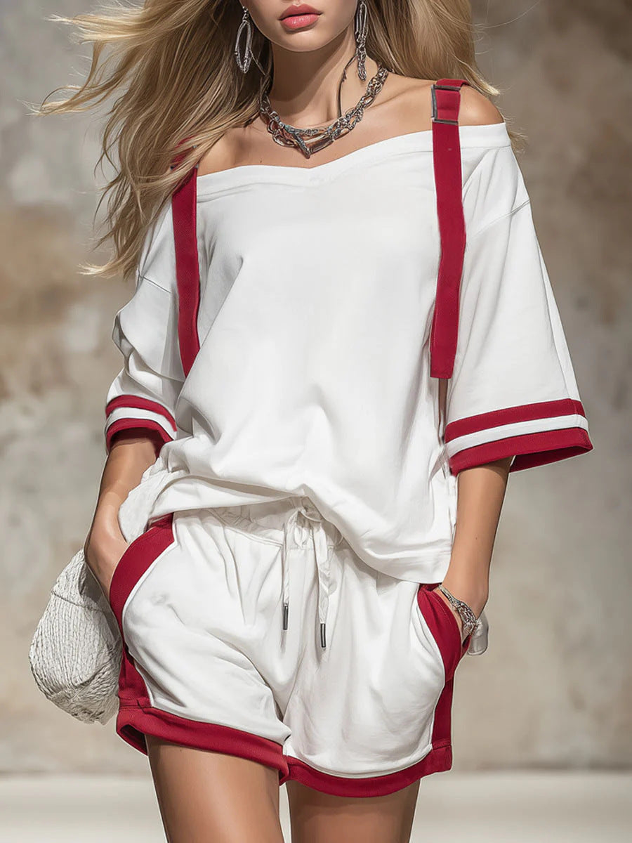 Ladies' two-piece set: off-shoulder top + shorts - BundleWear