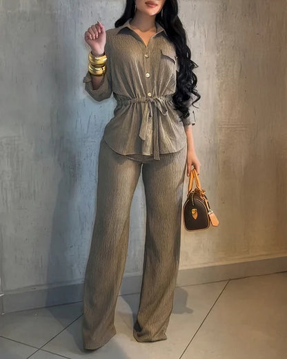 Elegant Textured Button-Front Shirt & High-Waist Wide-Leg Trousers Set - Minimalist Commuter Look - BundleWear