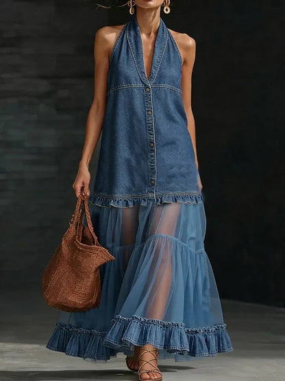 BundleWear™ Denim-Halter Tulle Maxi | Patchwork Bodice & Tiered Ruffle Dress