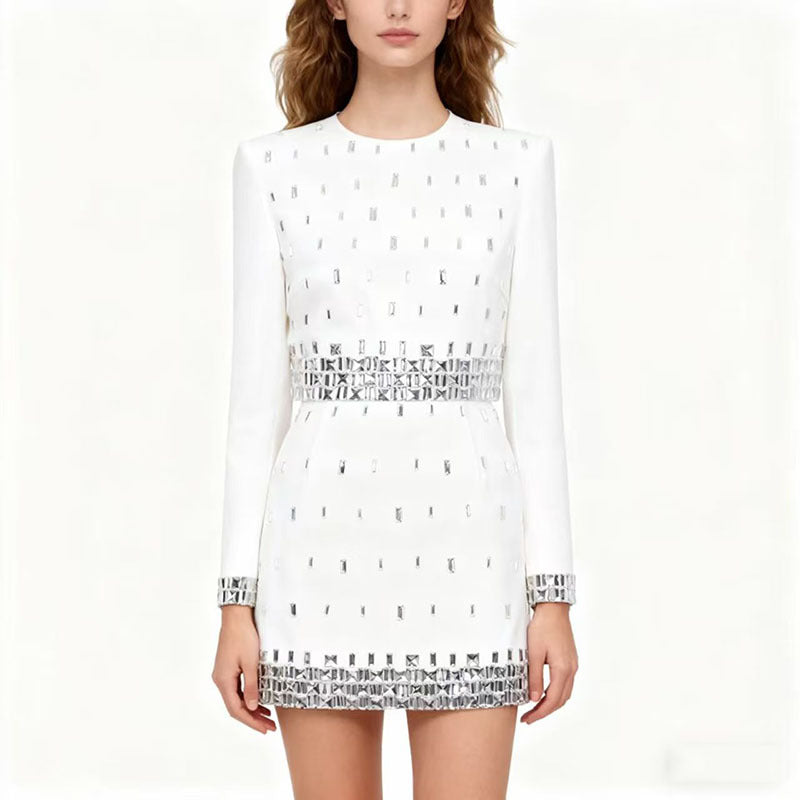 BundleWear™ Silver-Beaded Tweed Set | Hand-Embellished Knit Top & Hip-Contouring Mini Skirt
