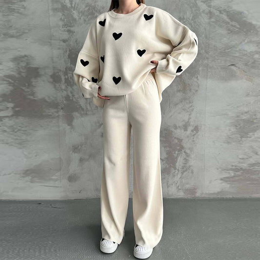 Ladies' Solid Color Hearth Embroidery Round Neck Drop Shoulder Pullover & Sweater Pants Set