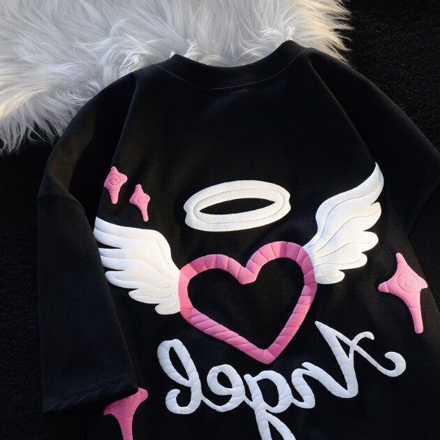 BundleWear™ 3D Angel Heart Tee | Puff-Print Heavyweight Streetwear Couple Top