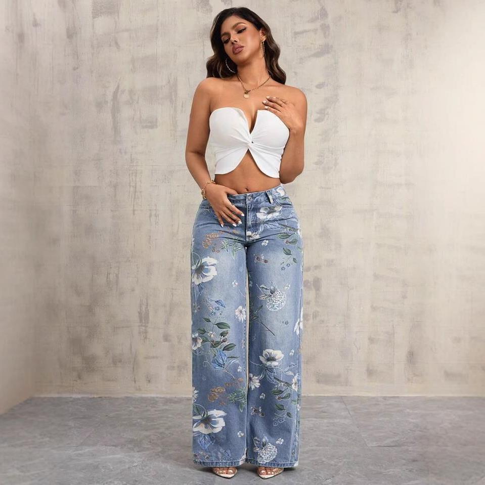 BundleWear™ Botanical Bloom Jeans | All-Over Floral Print High-Waist Wide-Leg Denim