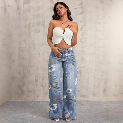 BundleWear™ Botanical Bloom Jeans | All-Over Floral Print High-Waist Wide-Leg Denim