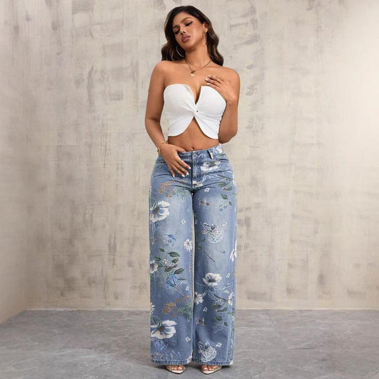 BundleWear™ Botanical Bloom Jeans | All-Over Floral Print High-Waist Wide-Leg Denim