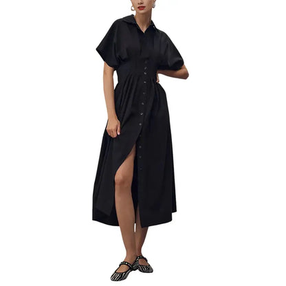 Women's Button-Down Shirt Dress - Short-Sleeve, Loose, Pleated Maxi Sundress with Pockets, Basic Casual Wear for Summer