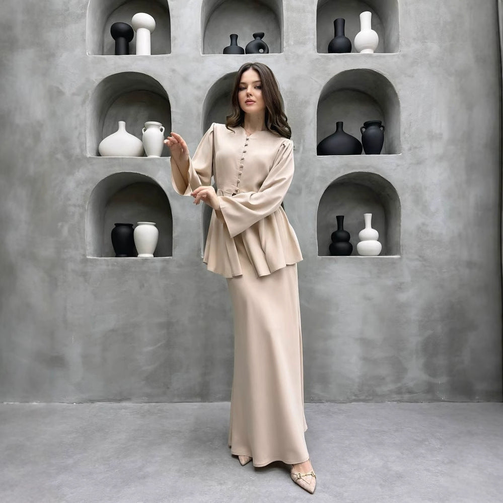 Champagne peplum cardigan and maxi dress set, full-length three-quarter view
