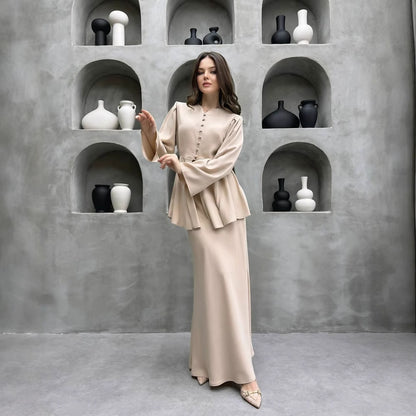 Champagne peplum cardigan and maxi dress set, full-length three-quarter view